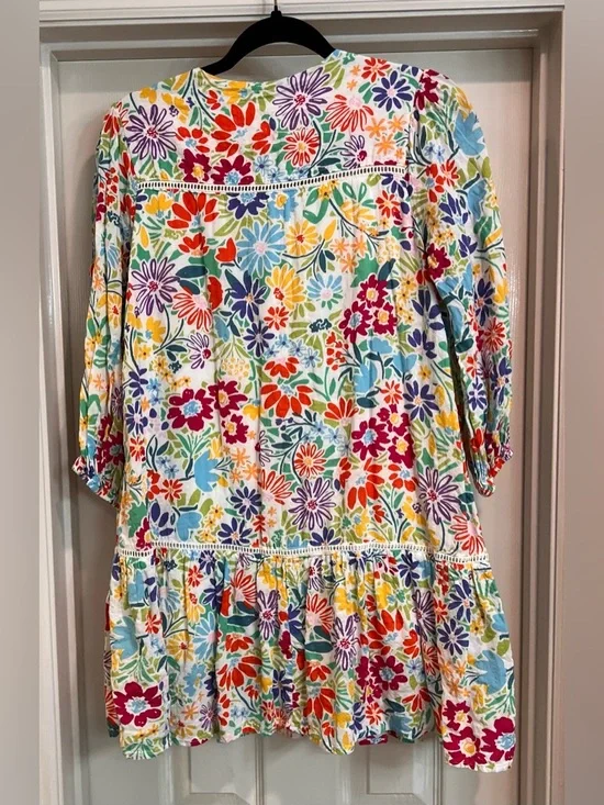 Fate Boho Floral Mini Shift Dress S - V Neck Long Sleeve Ruffled Hem Lined - Picture 6 of 6
